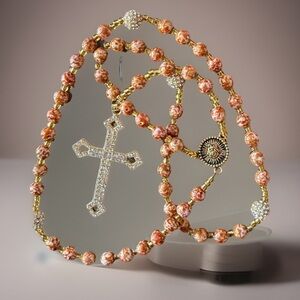 Elegant Gold and Pink Beaded rosary rhinestone Cross Necklace